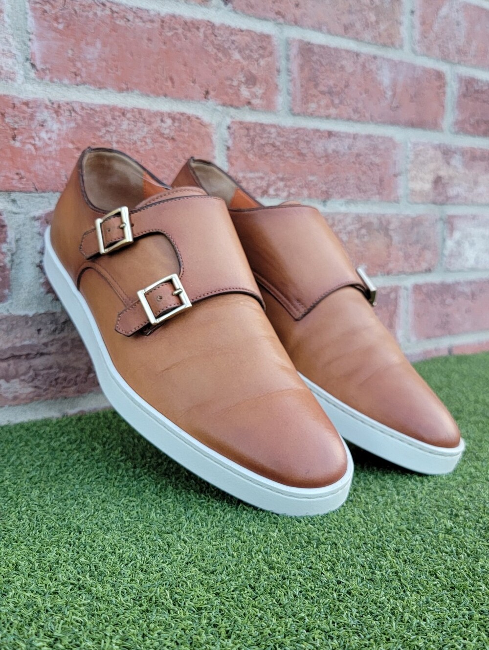 Men's SANTONI Double Monk Strap Leather Sneaker in Tan ~ US Size 8.5M